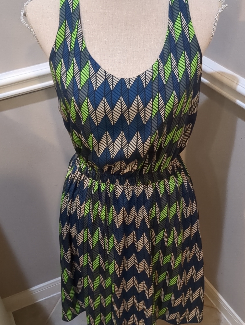 Collective Concepts Racerback Chevron Midi Dress in Navy, Green & Cream